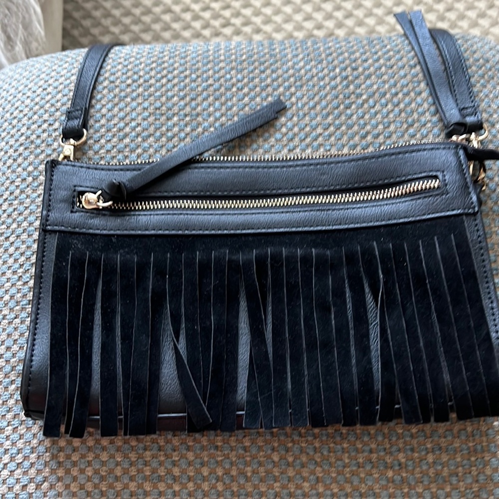 Neiman Marcus black fringed crossbody